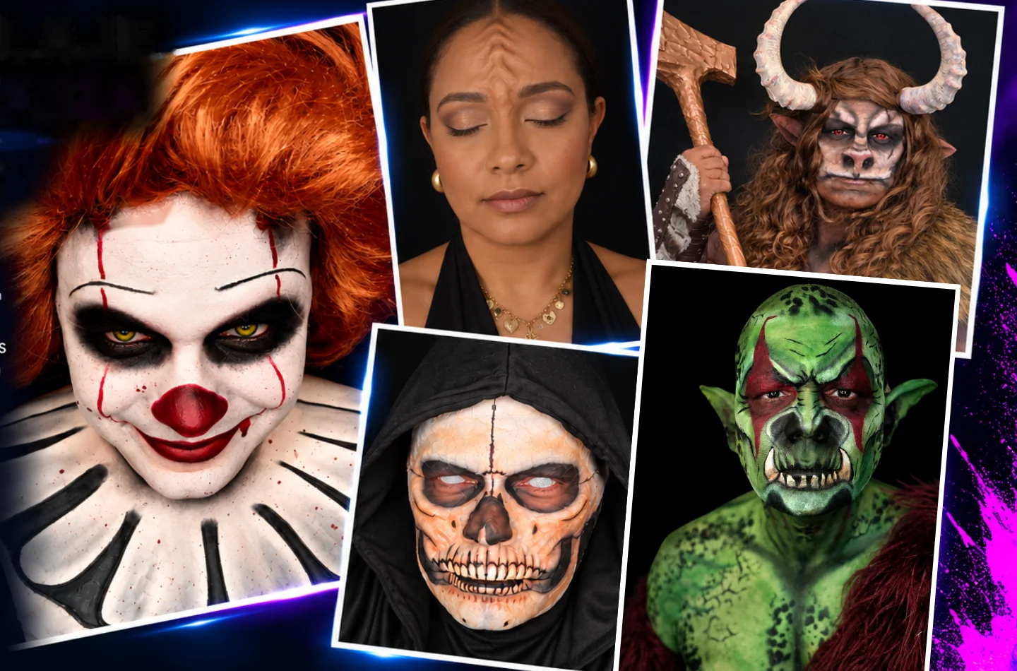 Collage de maquillaje de fantasía: payaso, minotauro, calavera y duende