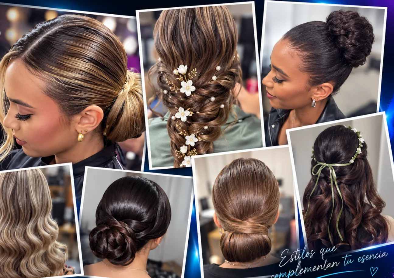 Collage de recogidos, ondas y trenzas