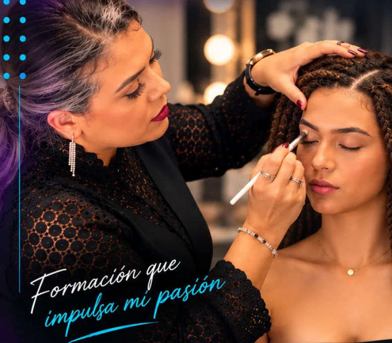 Mayra maquillando a una modelo con trenzas